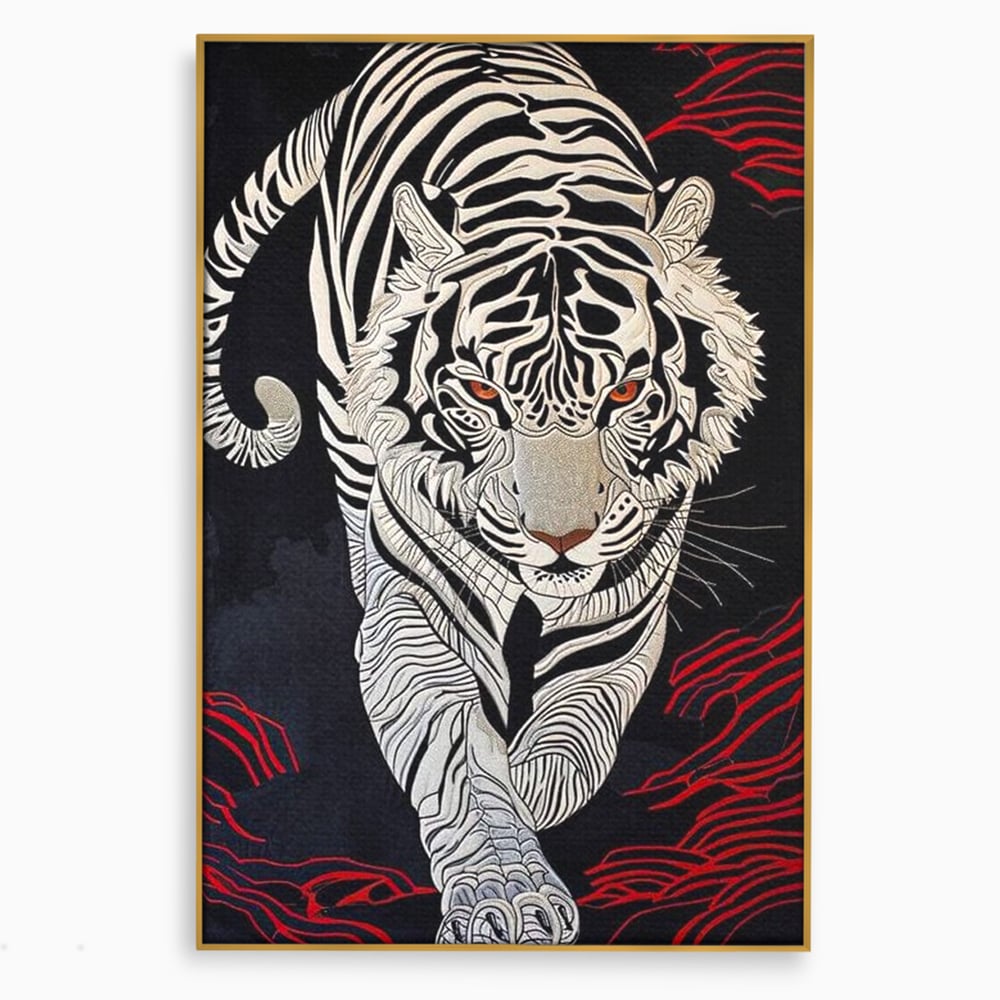 Tablou canvas cu tablou vertical cu tigru alb pe fundal negru, in rama de aluminiu auriu